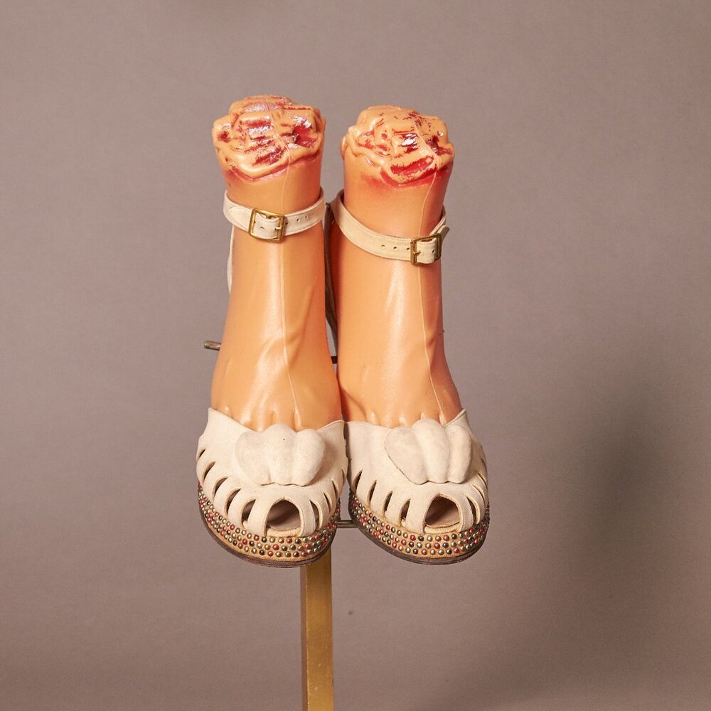 1940s Cream Suede Peep Toe Heels With Rainbow Studded Platform